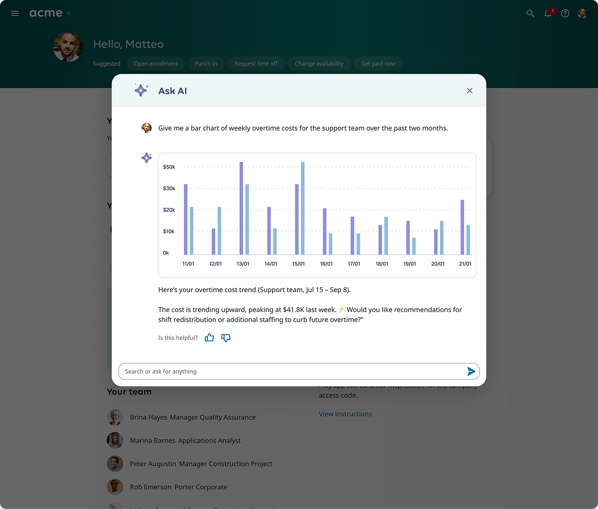 Bryte AI assistant answering a workforce data question.