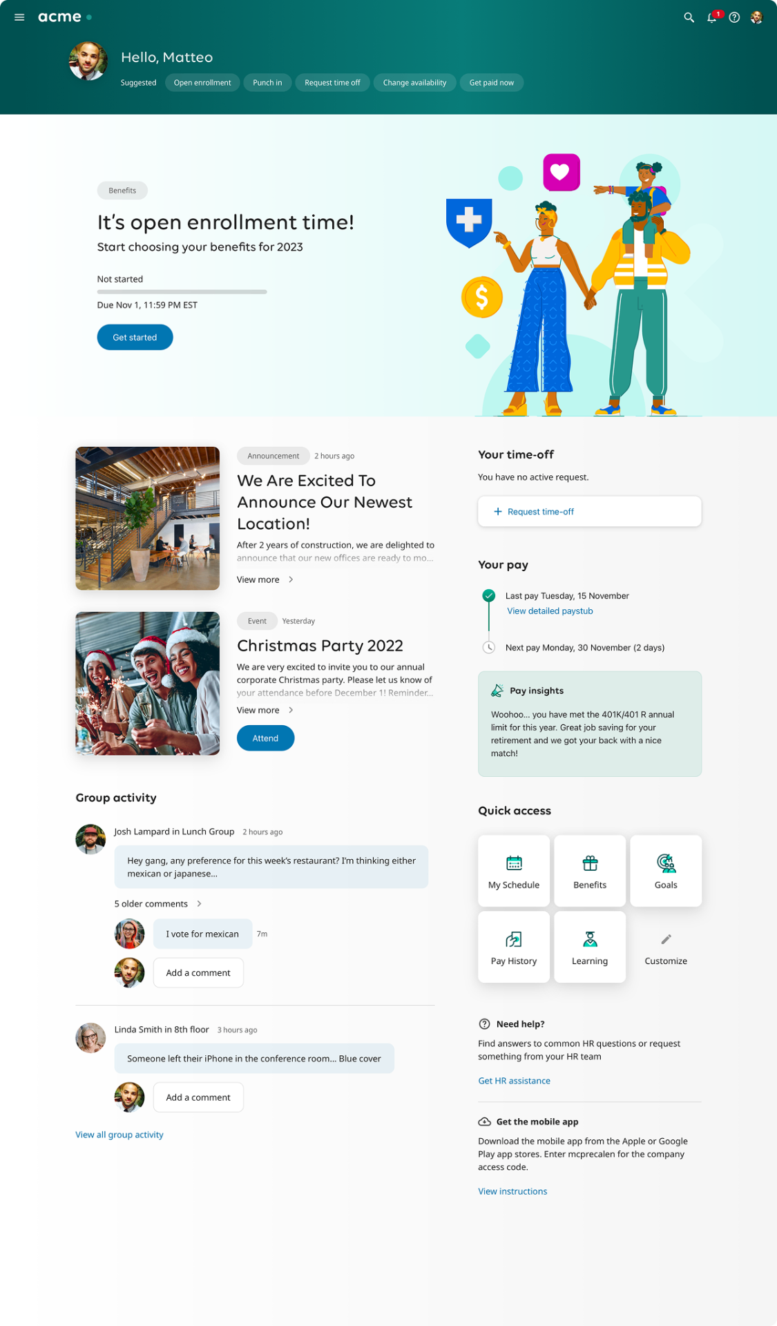 UKG Pro home — full desktop layout for an employee.