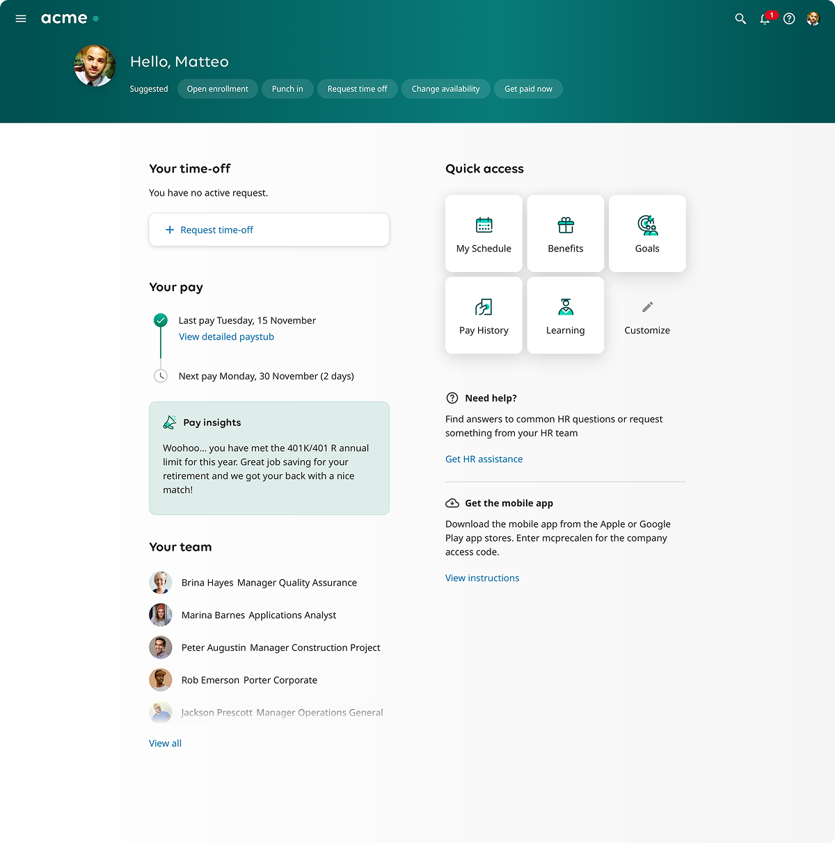 UKG Pro home adapted for a manager role.
