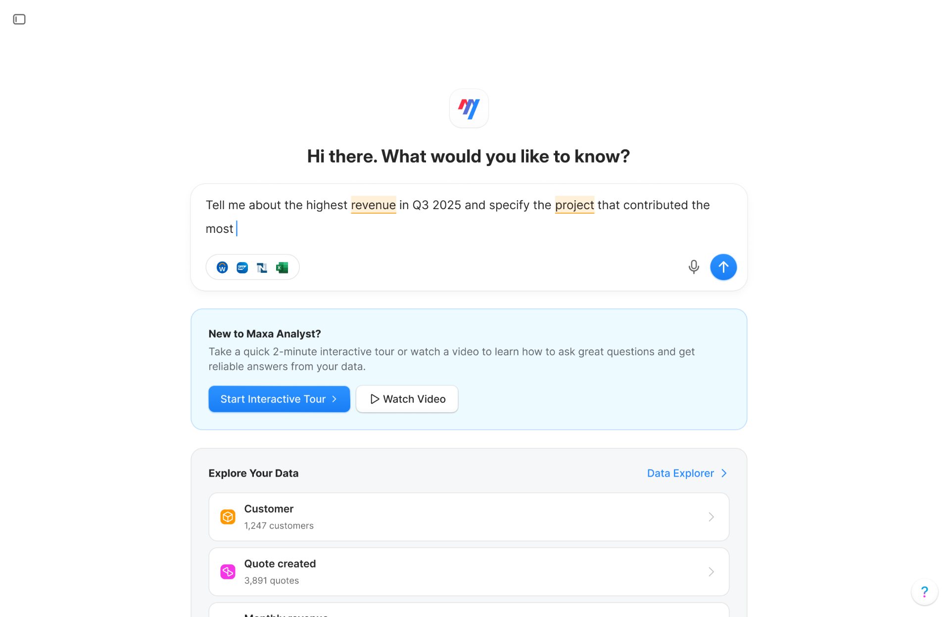 Maxa AI assistant home — natural-language question with suggested prompts and connected data sources