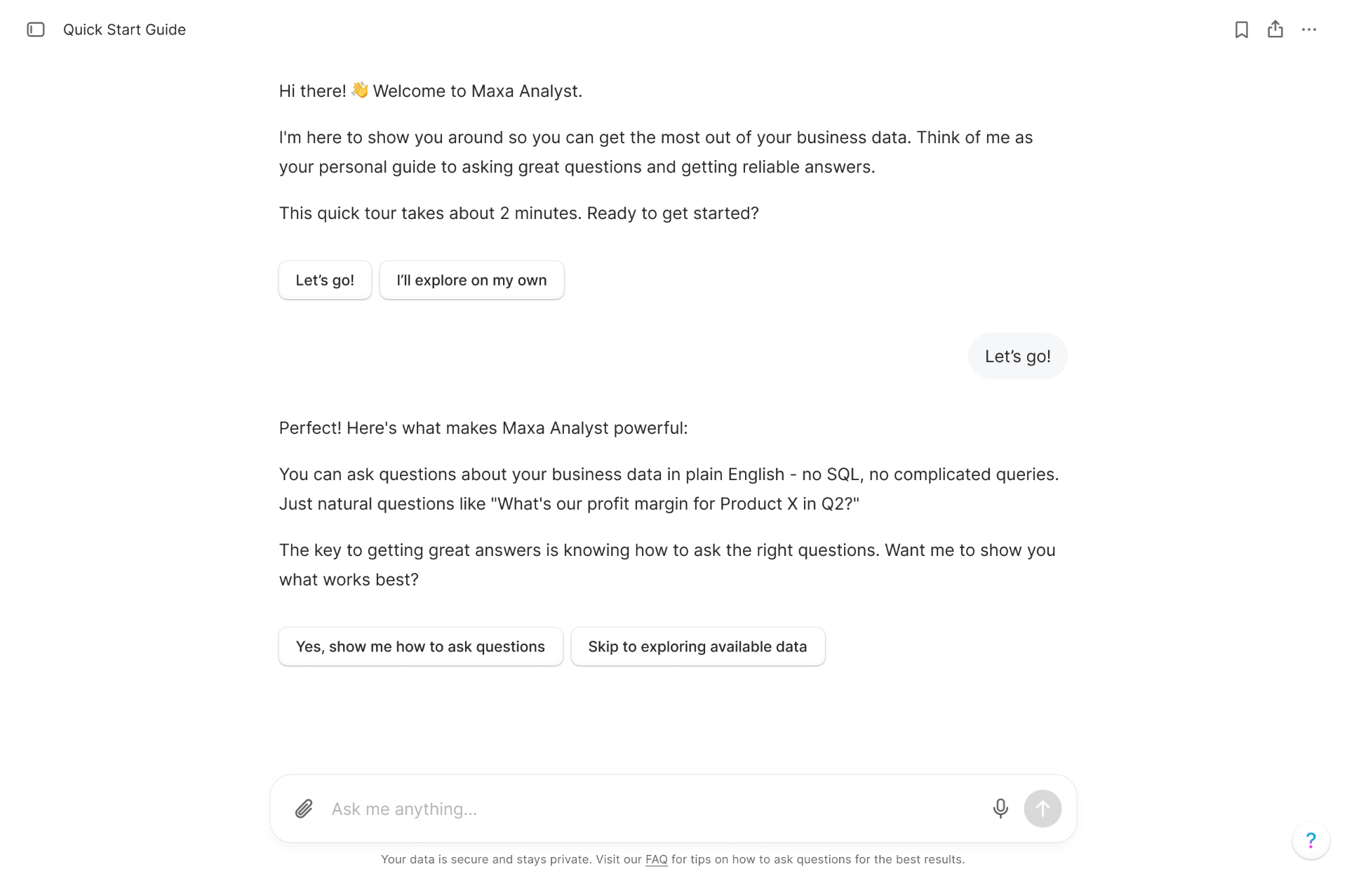 Maxa Quick Start Guide — conversational onboarding introducing the AI assistant with guided prompts and choices