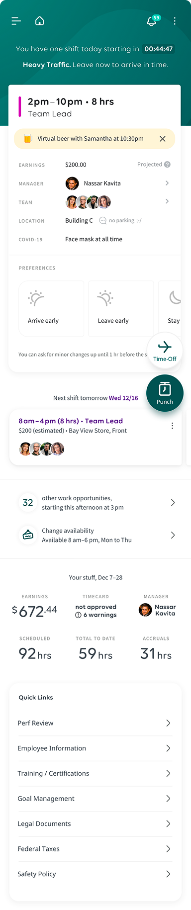 Mobile home — shift, earnings, team, preferences.