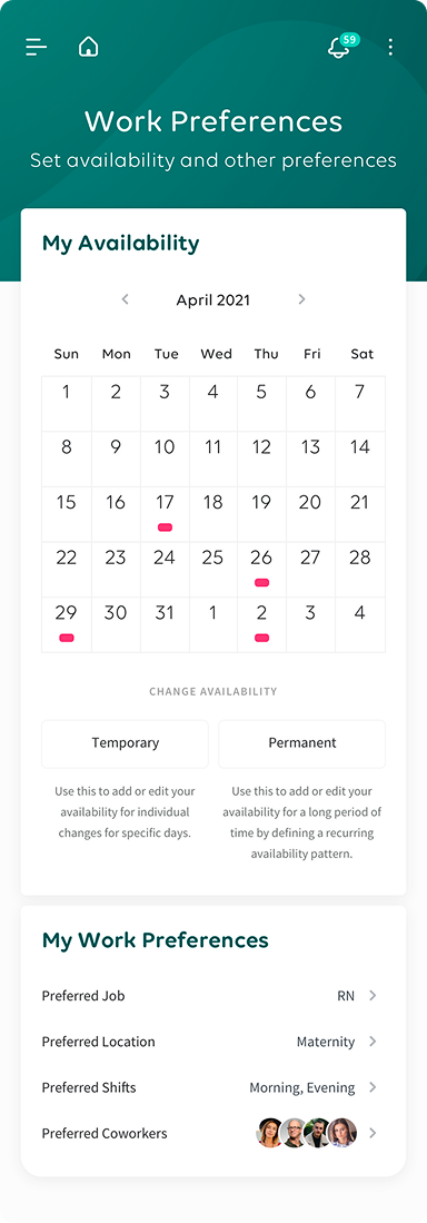 Work preferences — availability and recurring patterns.