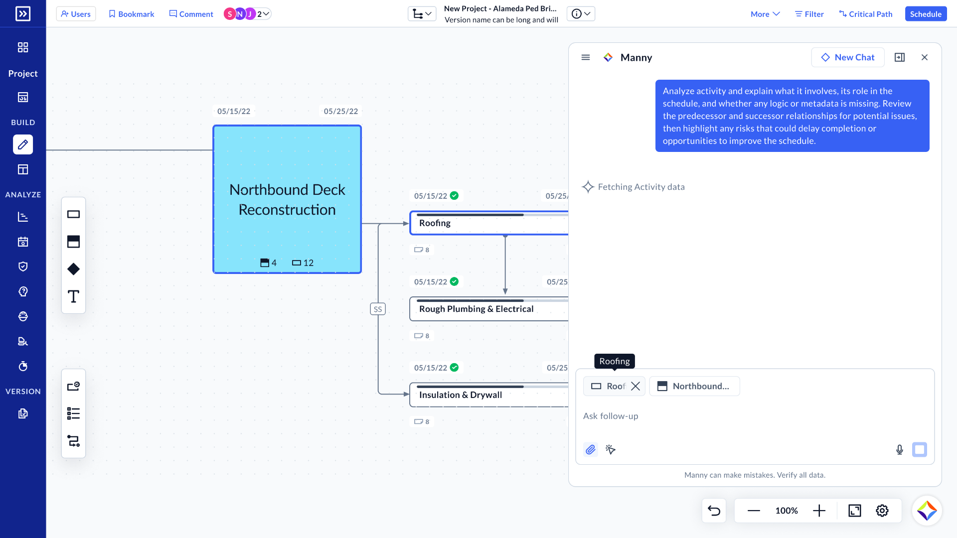 Planera AI panel with selected schedule activities passed as context