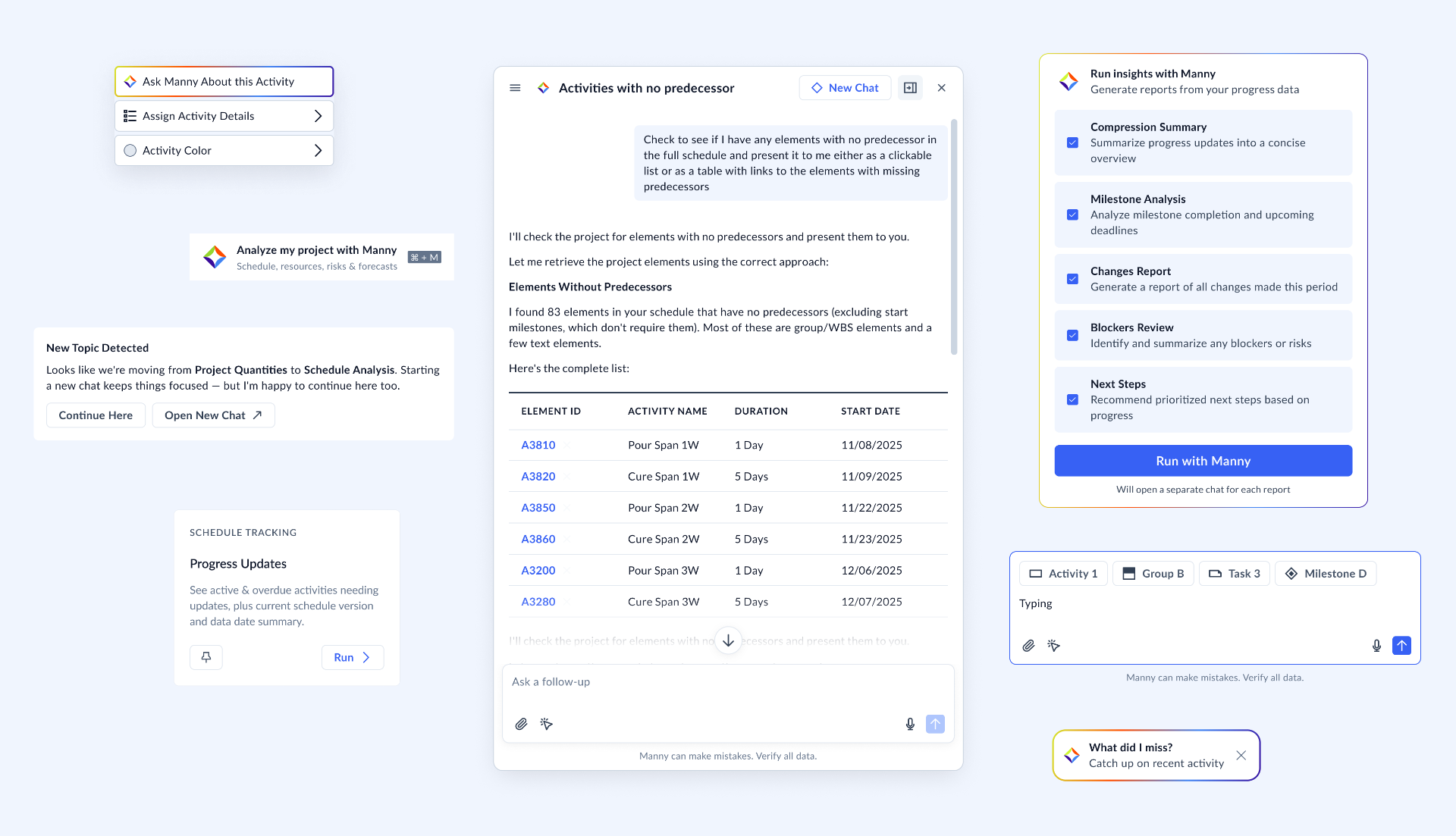 A collage of Manny, Planera's AI assistant, showing context menus, chat panels, insight runners, and follow-up prompts