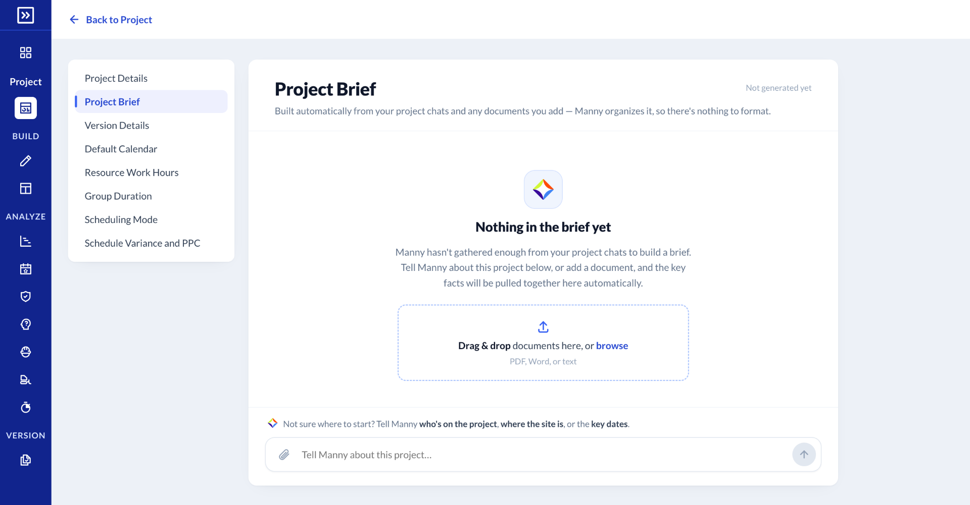 Project Brief settings page showing a living document the AI maintains