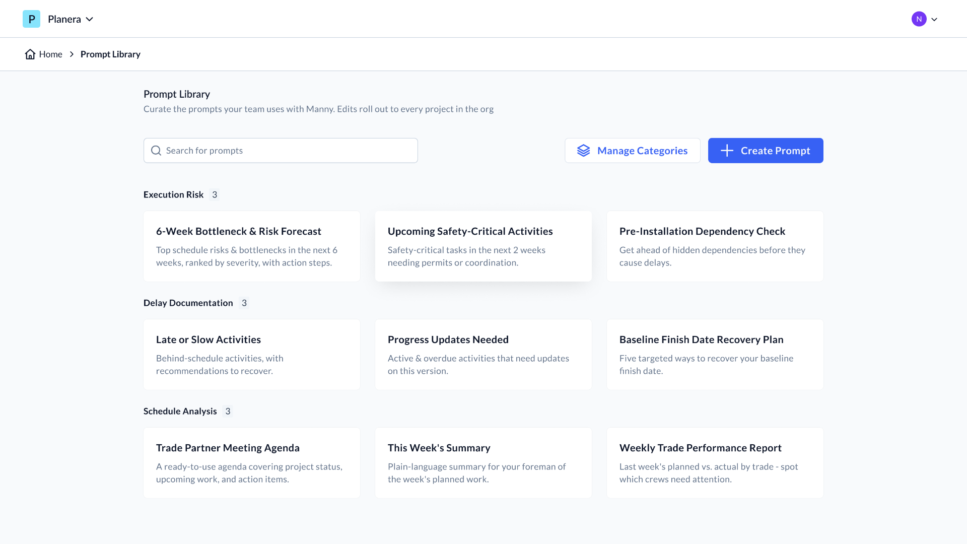 Planera Prompt Library with prompts grouped by Execution Risk, Delay Documentation, and Schedule Analysis